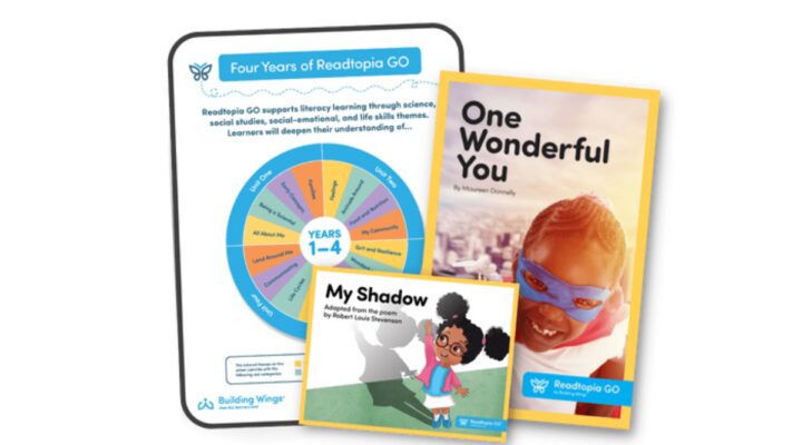 A graphic illustrating three components of ReadtopiaGO: Four years of instruction, the book "One Wonderful You" and the book "My Shadow."