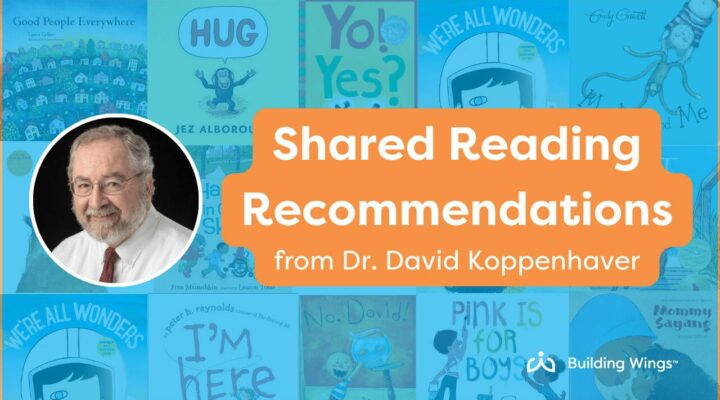 A blue background with faded images of children's book covers with a headshot of a man wearing a white shirt and tie (Dr. David Koppenhaver) with text overlay: Shared Reading Recommendations from Dr. David Koppenhaver.