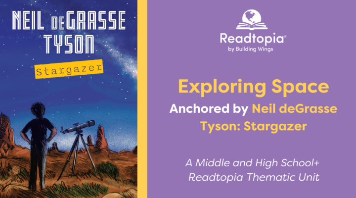 Cover of the Readtopia graphic novel - Neil deGrasse Tyson Stargzer and the title of this literacy instruction unit for middle and high school+ comprehensive literacy instruction