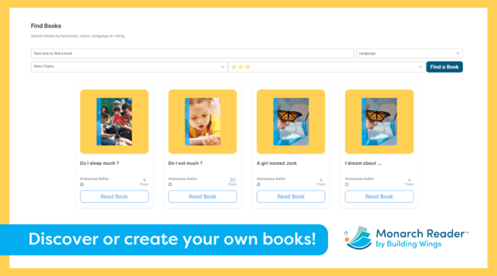 A screenshot from the new Monarch Reader website showing accessible books titled Discover or create your own book.