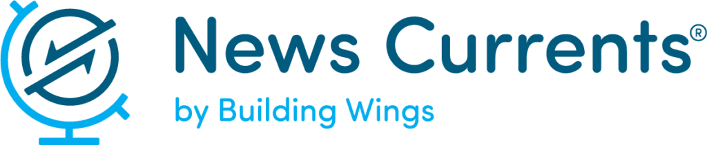 News Currents by Building Wings logo in several shades of blue with an illustration of a globe.