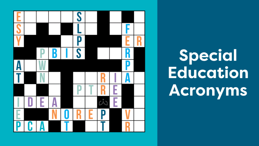 A crossword puzzle with special education acronyms such as FERPA, IEP, IDEA, SLPs, AT, OT and PT