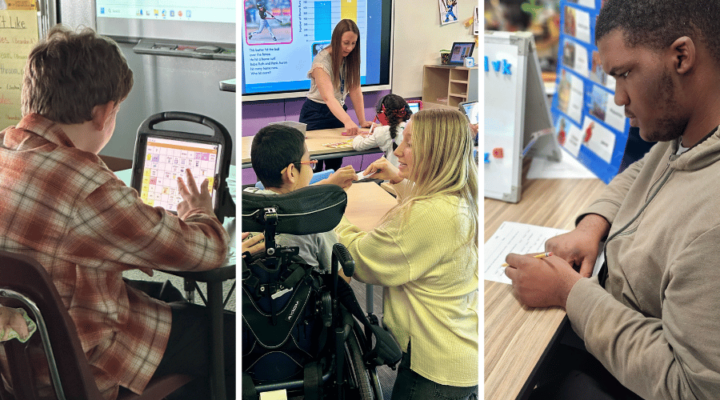 Three classroom images where students have IEP Accommodations including using AAC devices, using headphones to reduce noise, use of instructional aids and paraprofessionals to provide support, preferred seating and visual supports.