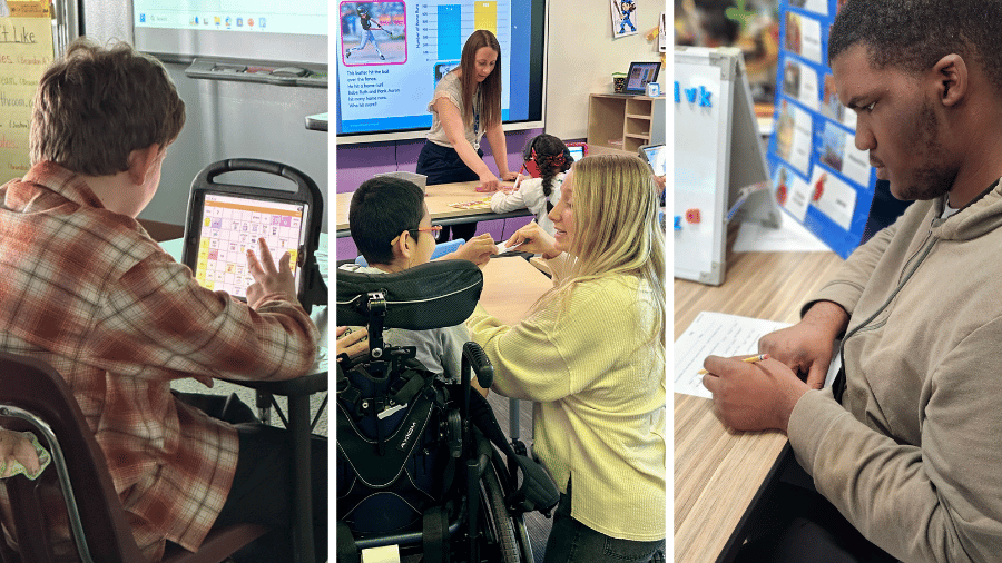 Three classroom images where students have IEP Accommodations including using AAC devices, using headphones to reduce noise, use of instructional aids and paraprofessionals to provide support, preferred seating and visual supports.